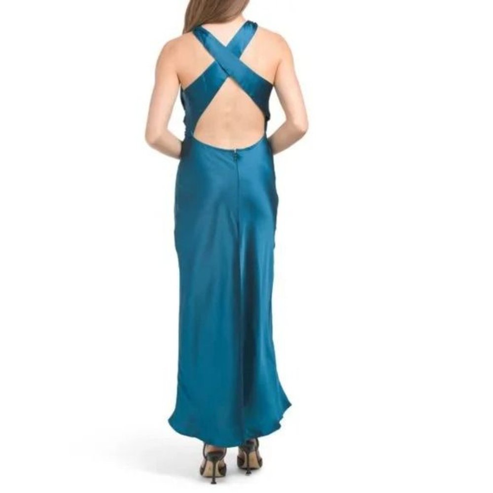 NWT House of Harlow 1960 Teal Blue Halter Dress Cocktail Cowl neck Satin Maxi M - Picture 6 of 12